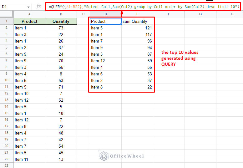 the top 10 values generated using the query function